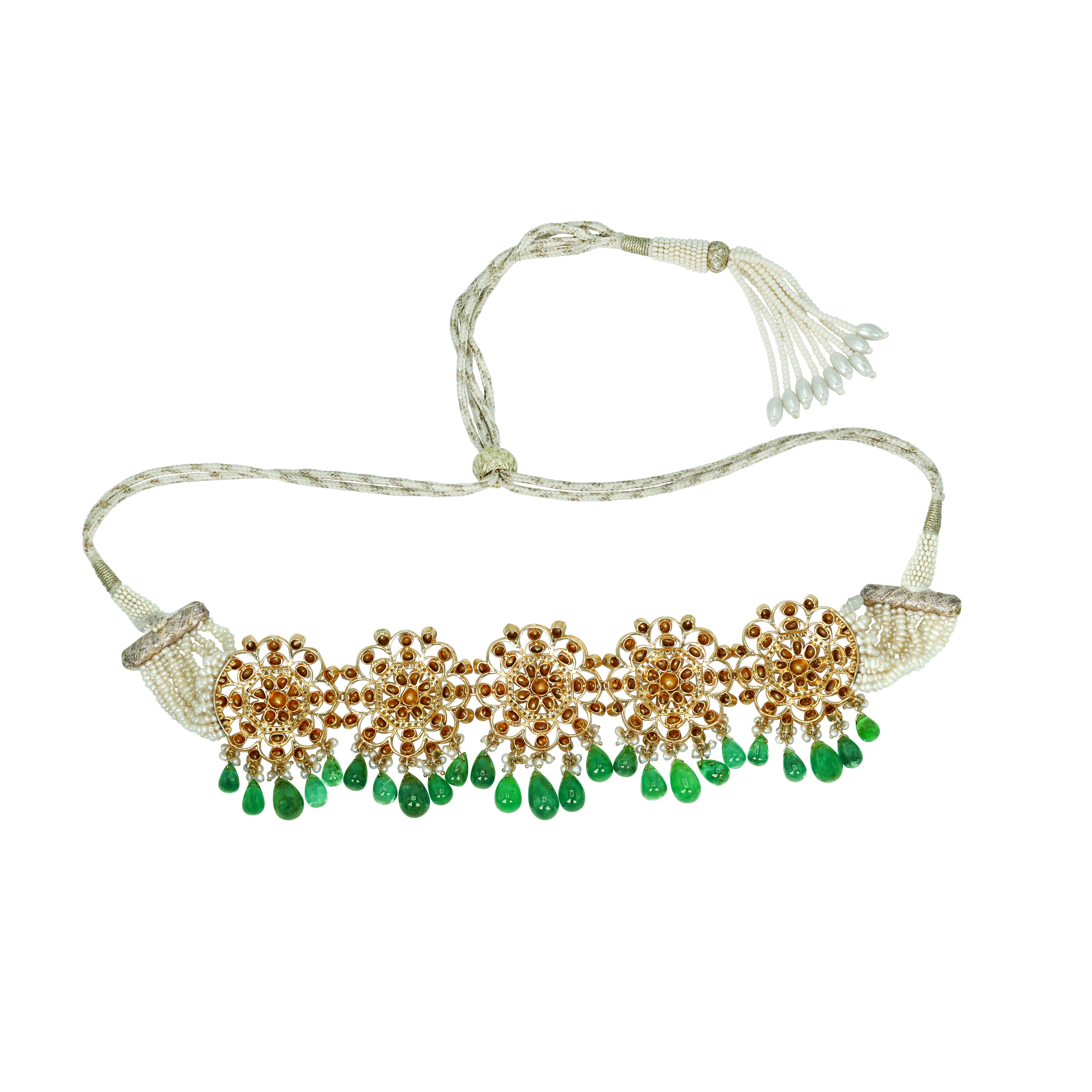 Polki Choker Set with Emerald Drops and Floral Motifs